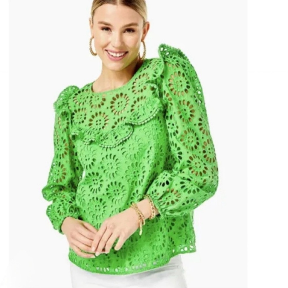 Lilly Pulitzer Caroline Long Sleeve Eyelet Top (Sprout Green) (NWT) (Size: S)